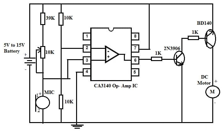 DC Motor Controlled by Sound with CA3140 IC & Transistors